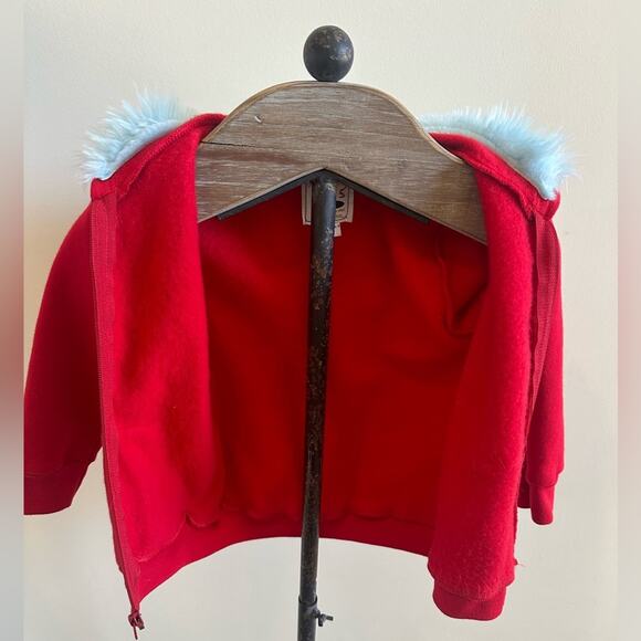 Red Hoodie Boys Girls Size 6 Whimsical Blue Horns Fur Bird Zip Up Handmade - Picture 2 of 10
